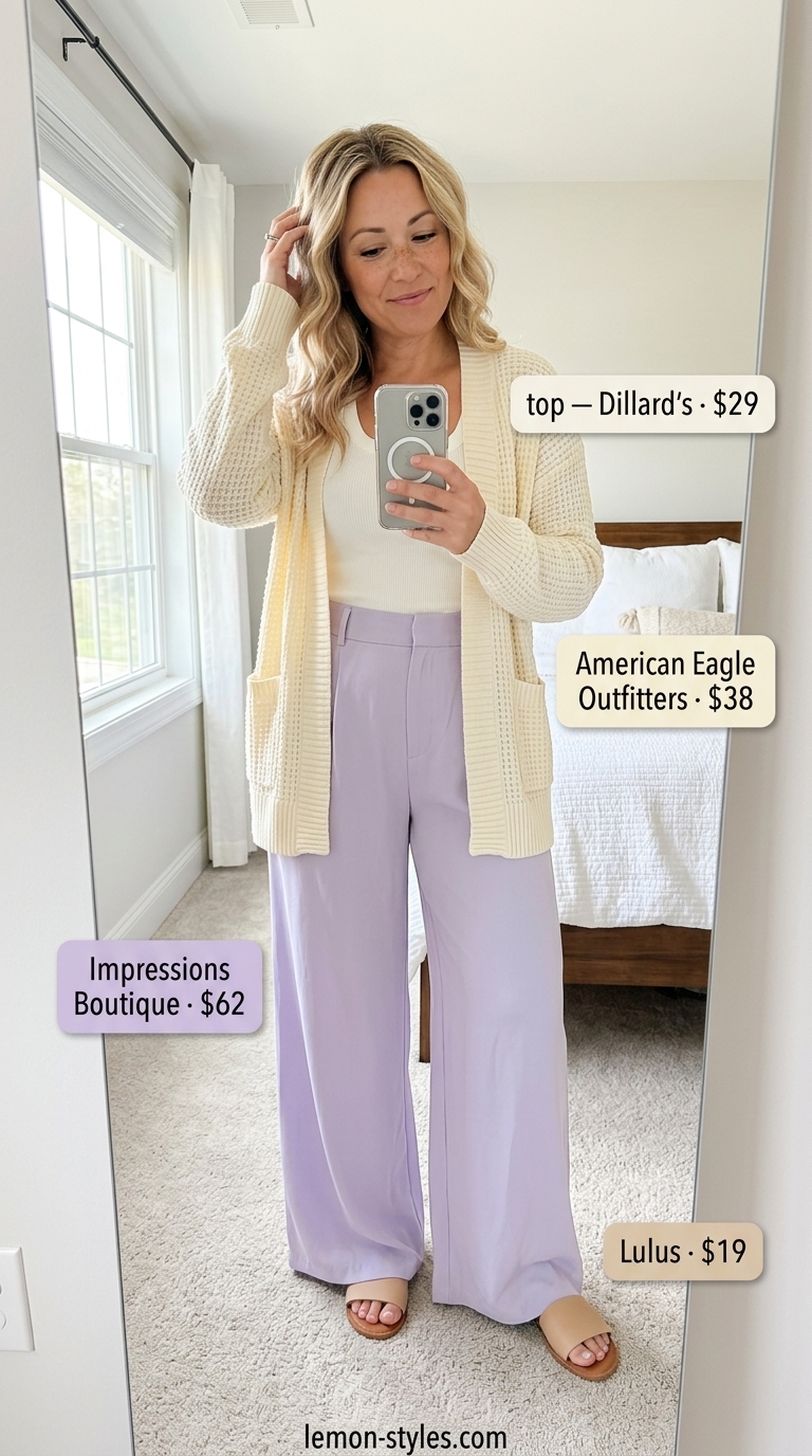 Summer Outfit for Women Over 40 2026: Lavender Loungewear Comfortable summer outfit for women over 40 2026: Lavender wide-leg pants, cream knit top, cardigan, and slide sandals.