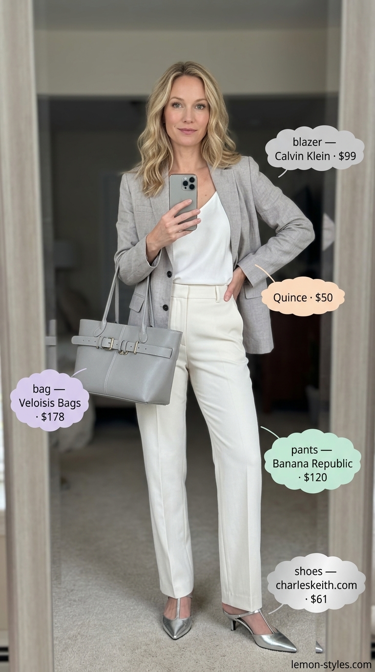 Polished Summer Office Outfit for Women Over 40 2026 Light gray linen blazer and white trousers for women over 40. Summer office outfit 2026.