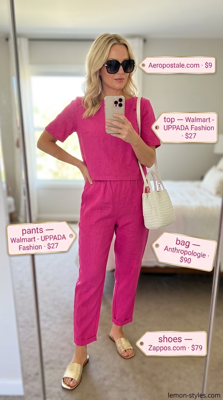 Glamorous Resort Summer Outfit for Women Over 40 2026 Hot pink linen matching set for women over 40. Resort summer outfit 2026.