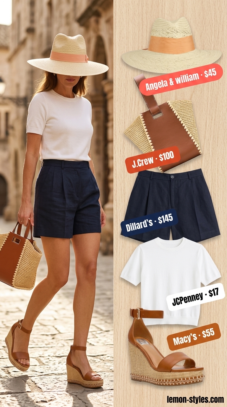 Summer Outfit for Women Over 40 2026: Mediterranean Shorts Style Summer outfit for women over 40 2026: Navy linen shorts, white knit top, espadrille wedges for vacation sightseeing.