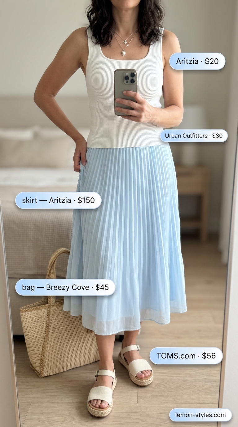 Feminine Summer Skirt Outfit for Women Over 40 2026 Sky blue pleated midi skirt and white tank top for women over 40. Summer outfit 2026.