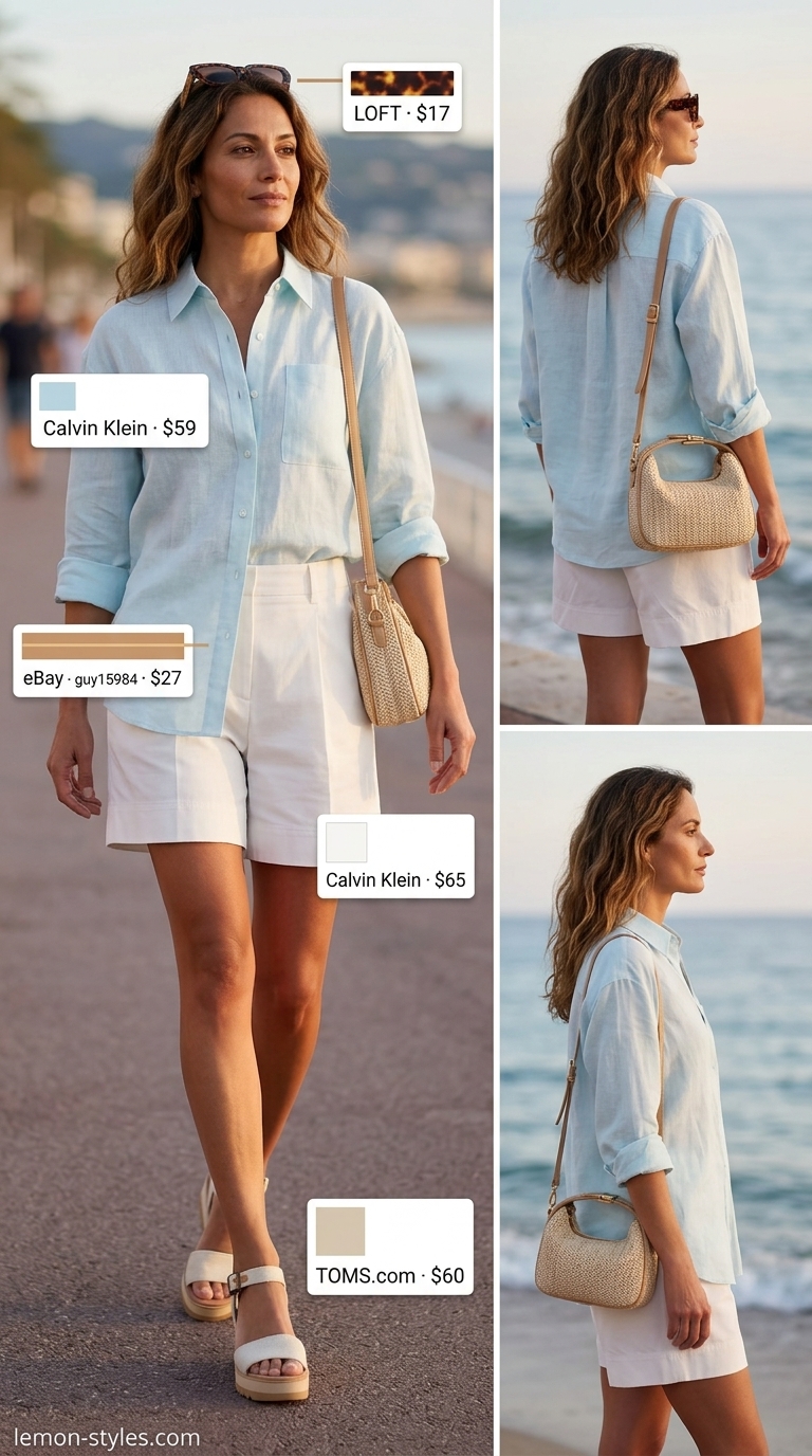 Summer Outfit for Women Over 40 2026: Resort Shorts Refined summer outfit for women over 40 2026: Sky blue linen shirt, white Bermuda shorts, espadrilles, and straw bag.