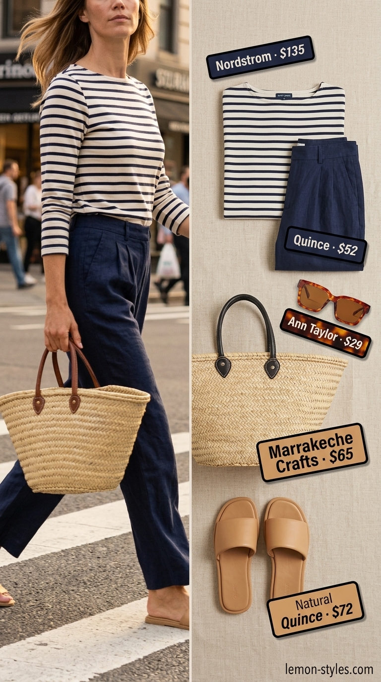 Summer Outfit for Women Over 40 2026: Riviera Brunch Style Summer outfit for women over 40 2026: Navy linen pants, cream stripe top, tan slides for casual brunch or resort lunch.
