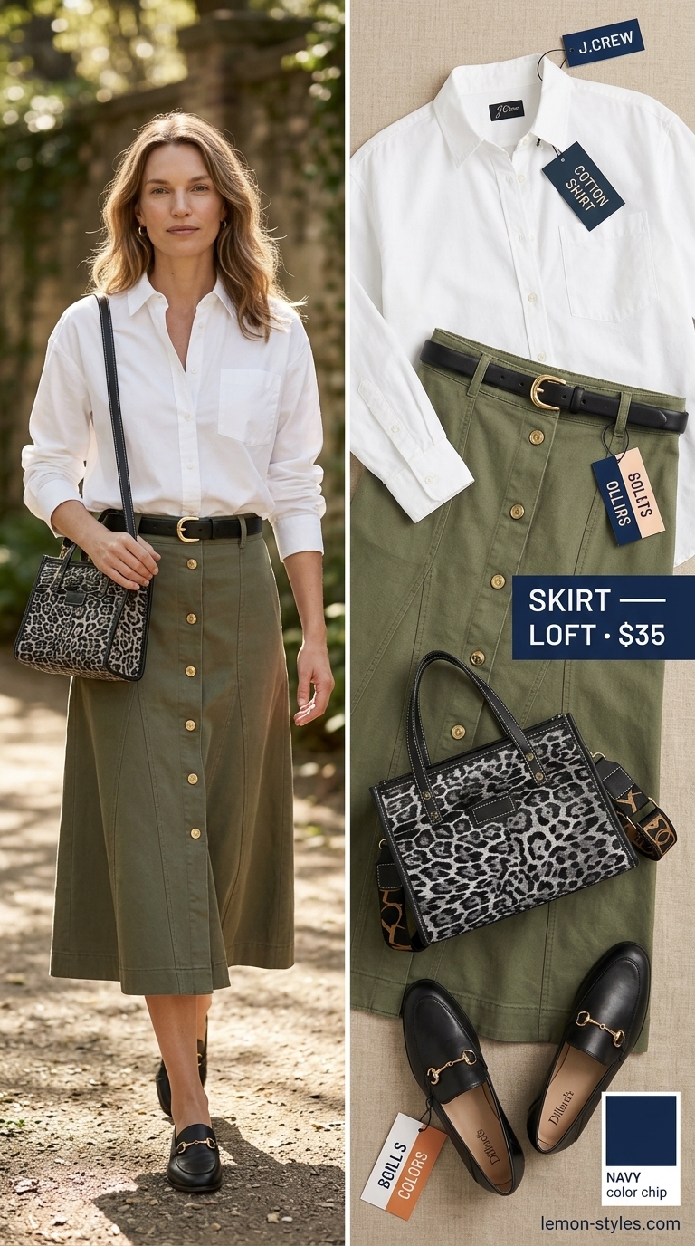 Summer Outfit for Women Over 40 2026: Safari Skirt Polished summer outfit for women over 40 2026: Khaki A-line skirt, white shirt, loafers, and leopard print bag.