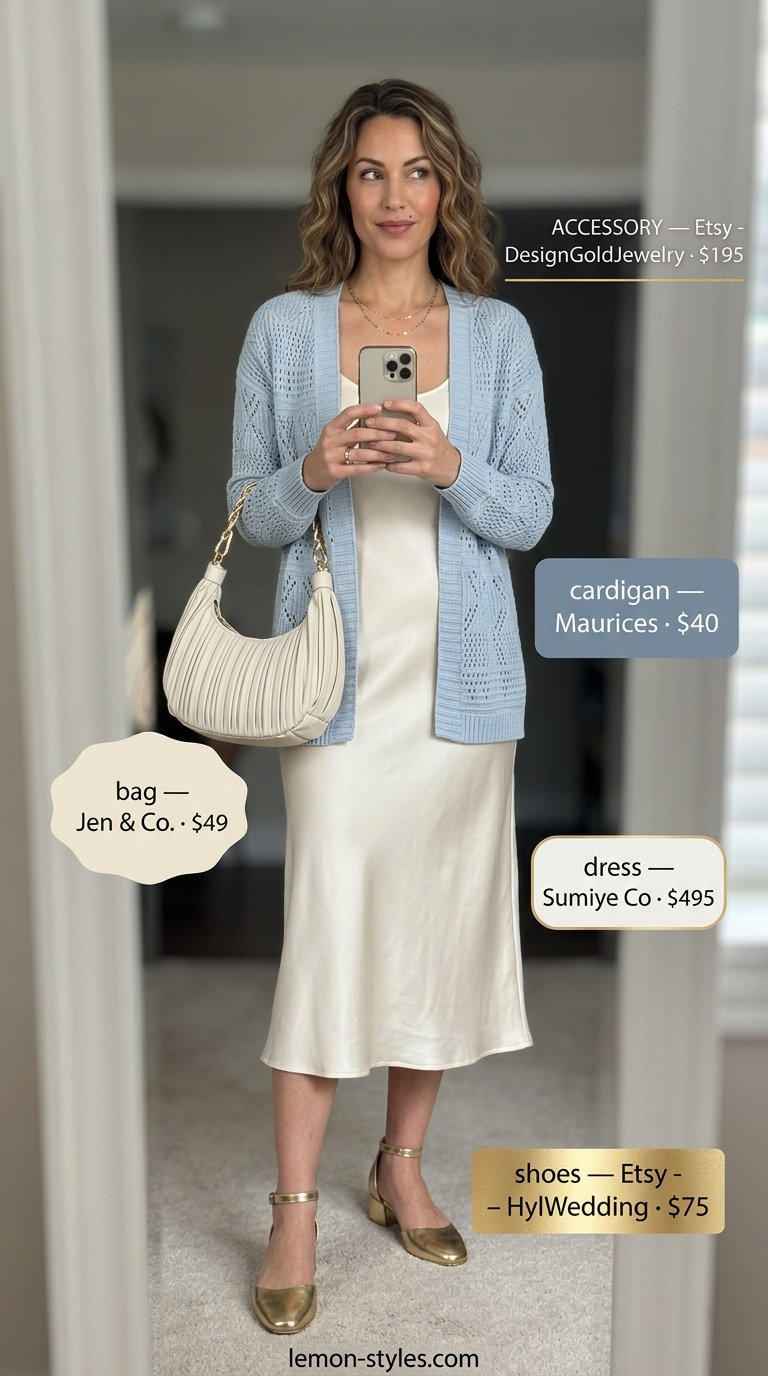Elegant Summer Evening Outfit for Women Over 40 2026 Cream silk slip dress with a soft blue cardigan for women over 40. Summer outfit 2026.