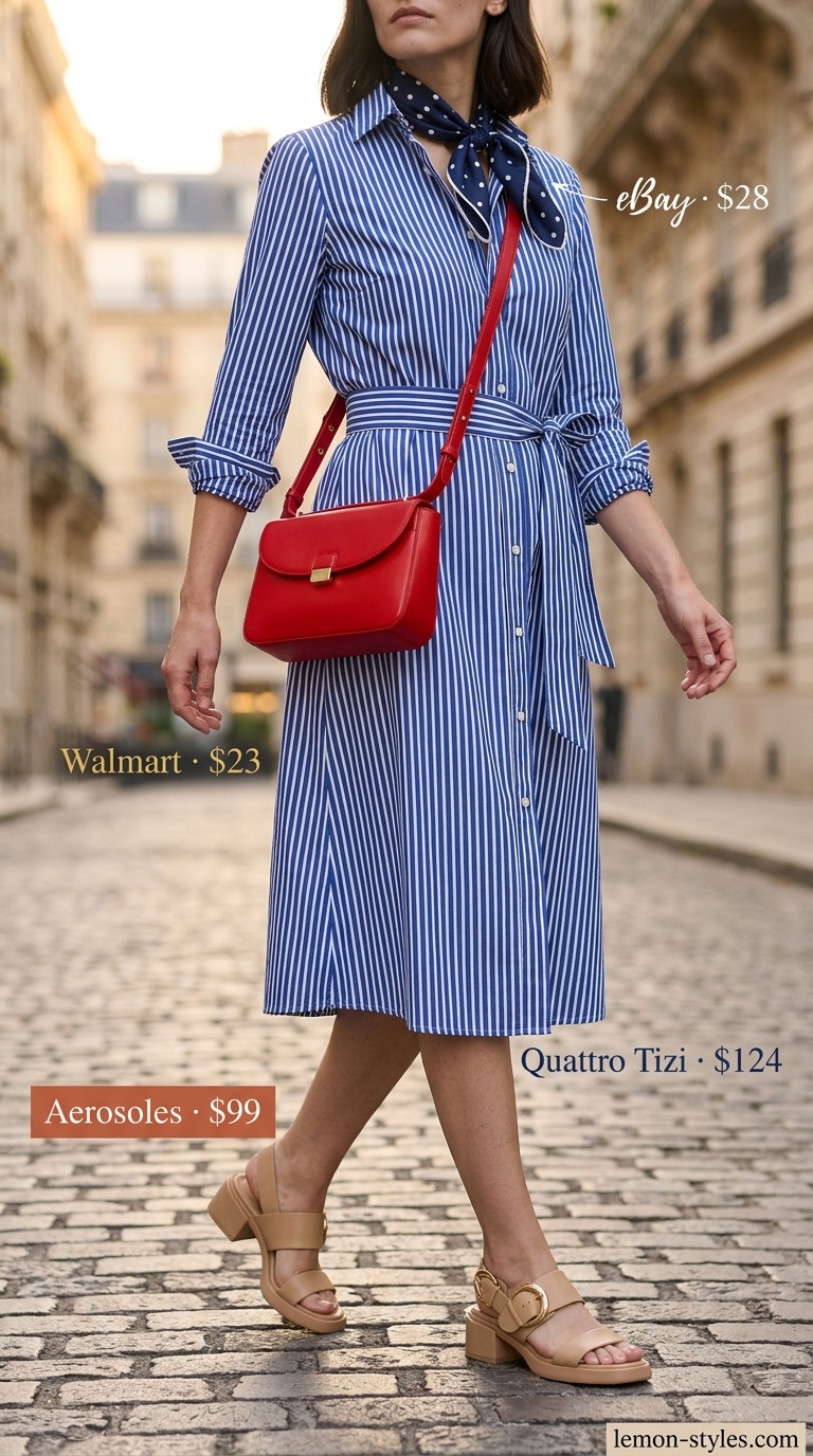 Summer Outfit for Women Over 40 2026: Chic Shirt Dress Style Summer outfit for women over 40 2026: Blue stripe shirt dress, red crossbody bag for city exploring.