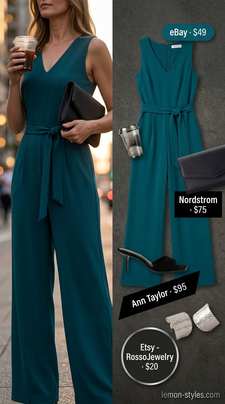 Summer Outfit for Women Over 40 2026: Sleek Jumpsuit Style Summer outfit for women over 40 2026: Teal wide-leg jumpsuit, black block heels for evening event.