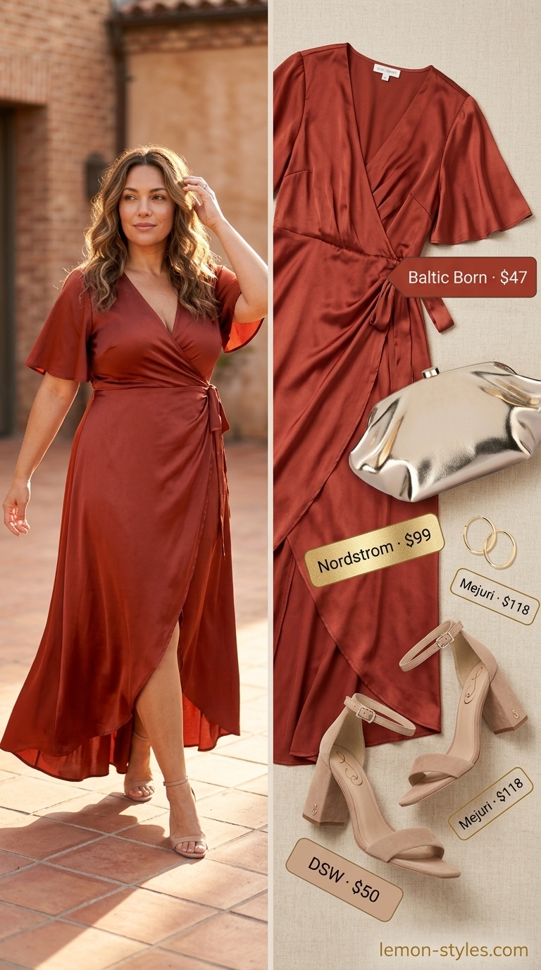 Summer Outfit for Women Over 40 2026: Terracotta Dress Vibrant summer outfit for women over 40 2026: Terracotta midi wrap dress with gold accessories and nude block heels.