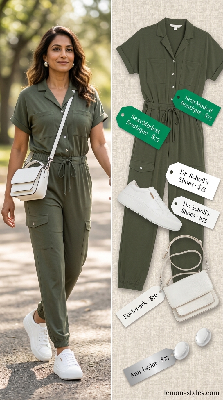 Summer Outfit for Women Over 40 2026: Utility Jumpsuit Effortless summer outfit for women over 40 2026: Olive green utility jumpsuit with white sneakers and silver accessories.