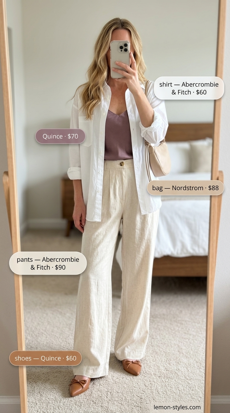Fresh Summer Work Outfit for Women Over 40 2026 White oversized shirt and beige linen pants for women over 40. Summer work outfit 2026.