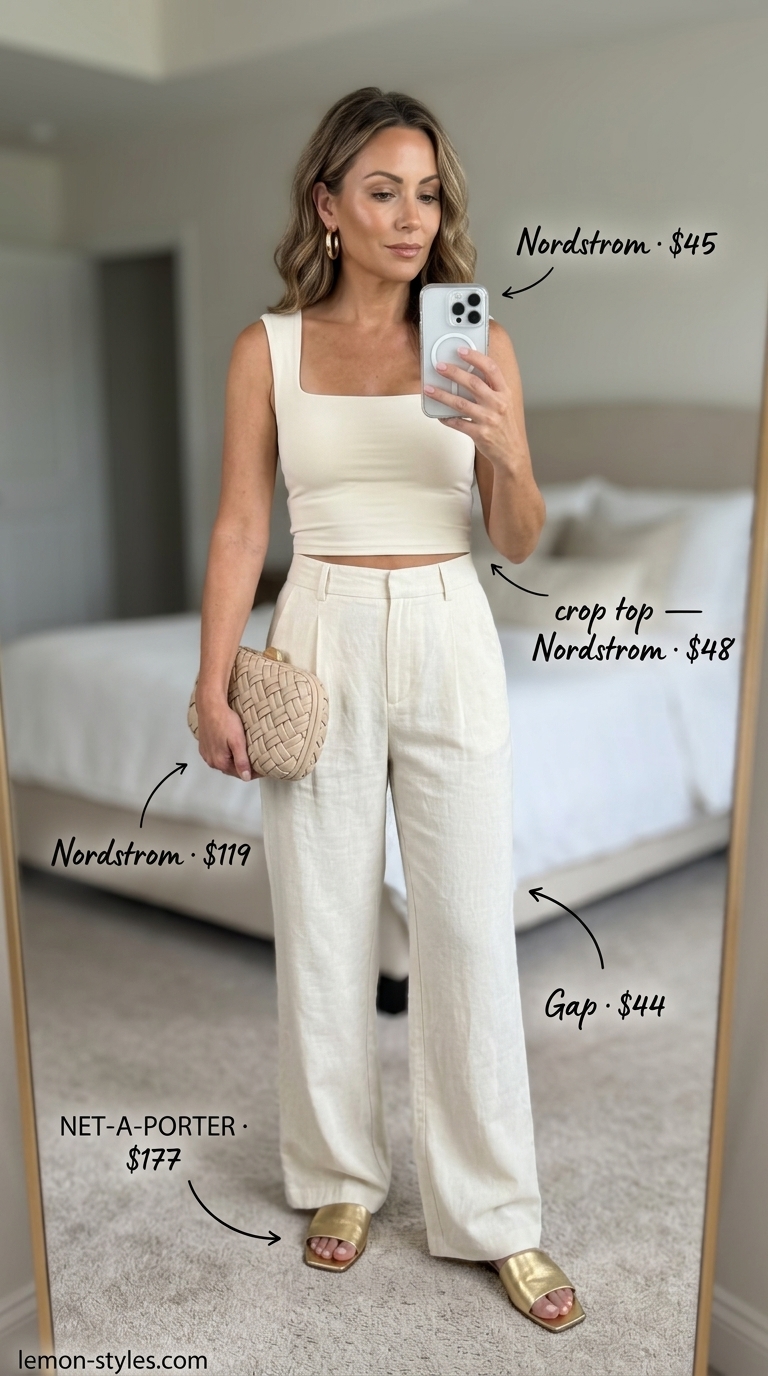 Chic Summer Trousers for Women Over 40 2026 Cream ribbed knit top and navy wide-leg trousers for women over 40. Summer outfit 2026.
