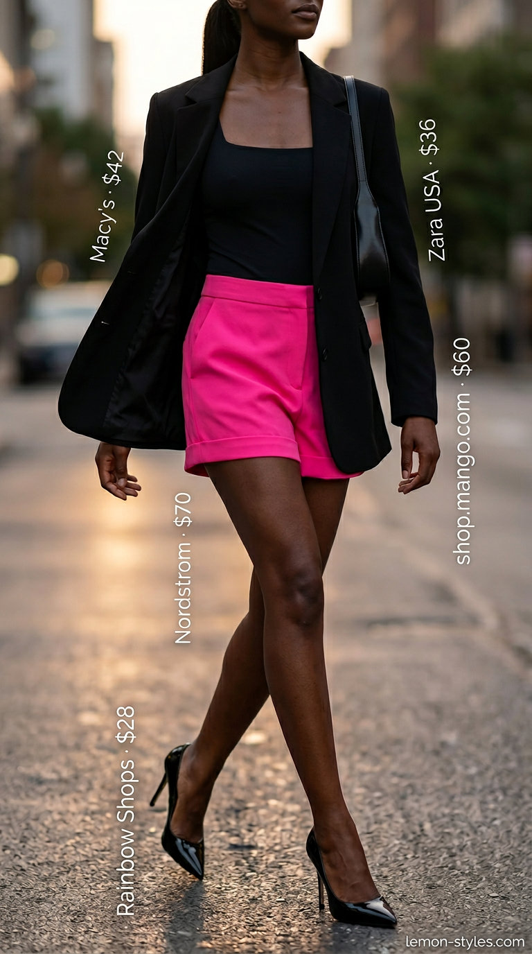 Hot pink shorts, black blazer, and bodysuit for summer outfits black woman 2026, bold tailoring.