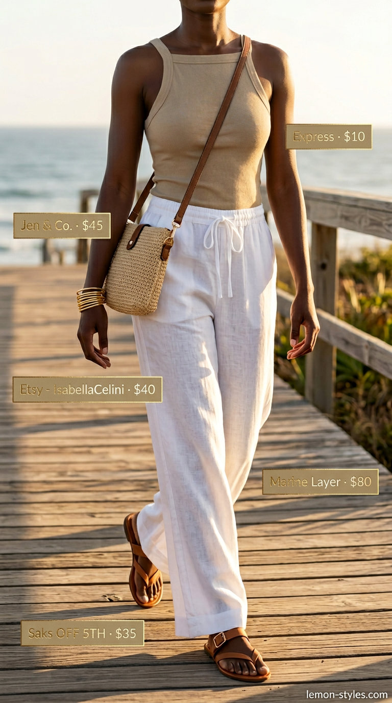 Summer outfits black woman 2026: White linen pants, tan tank top, cognac sandals for coastal style.