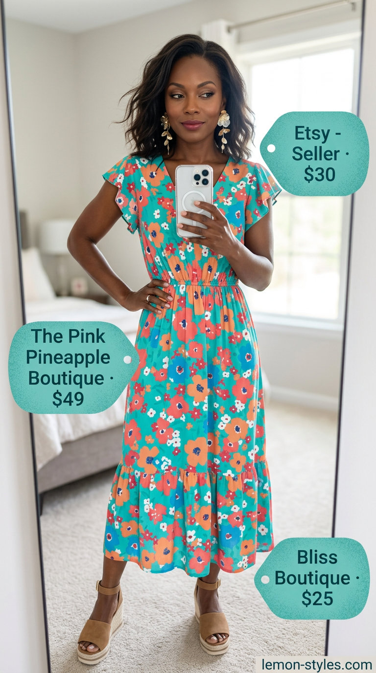 Summer outfits black woman 2026: Coral floral dress, espadrilles, woven clutch for garden party.