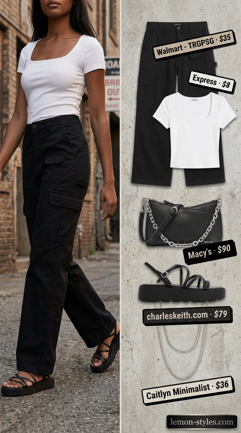 Summer outfits black woman 2026: Black cargo pants, white crop top, silver bag for edgy style.