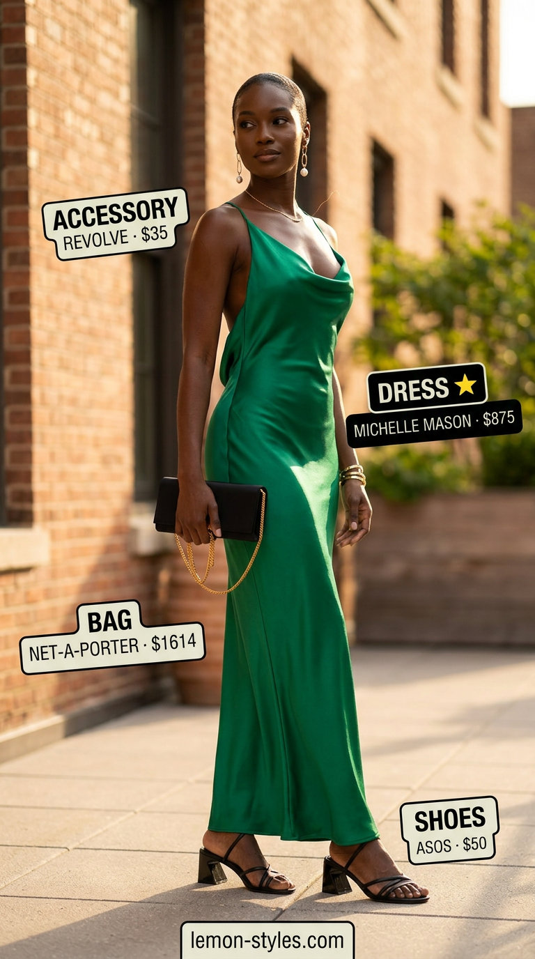 Summer outfits black woman 2026: Emerald green slip dress, gold earrings, black sandals for date night glamour.