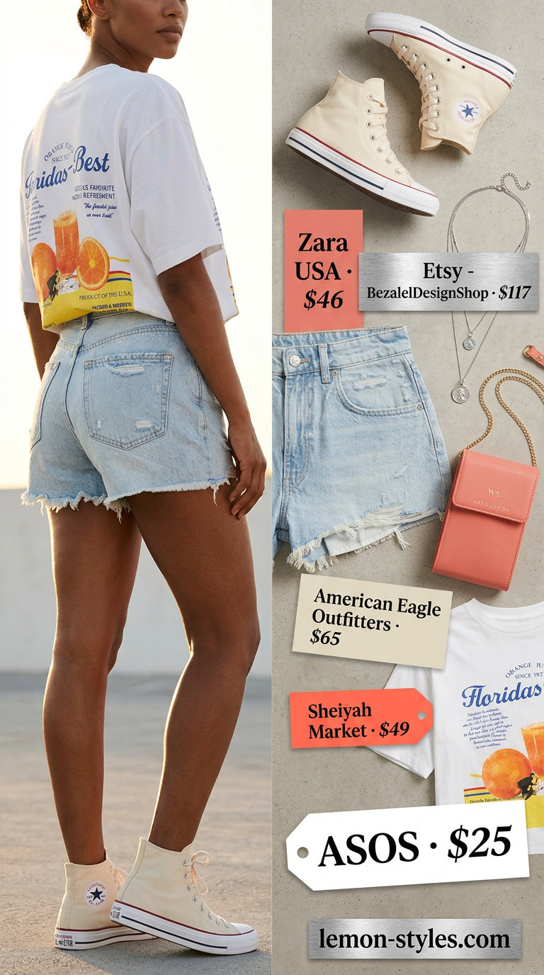 Distressed denim shorts, graphic tee, and sneakers for summer outfits black woman 2026, festival ready.