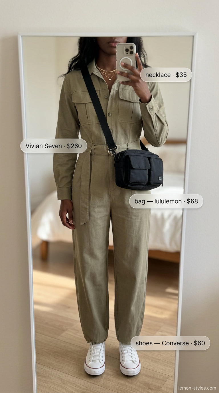 Summer outfits black woman 2026: Khaki utility jumpsuit, white sneakers, black crossbody for urban exploration.