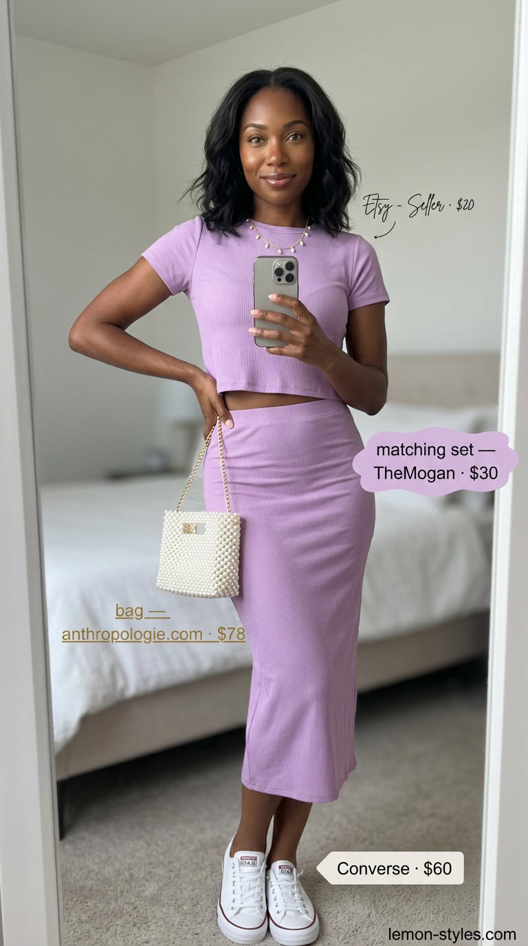 Lavender knit matching set with white sneakers and pearl bag for summer outfits black woman 2026.