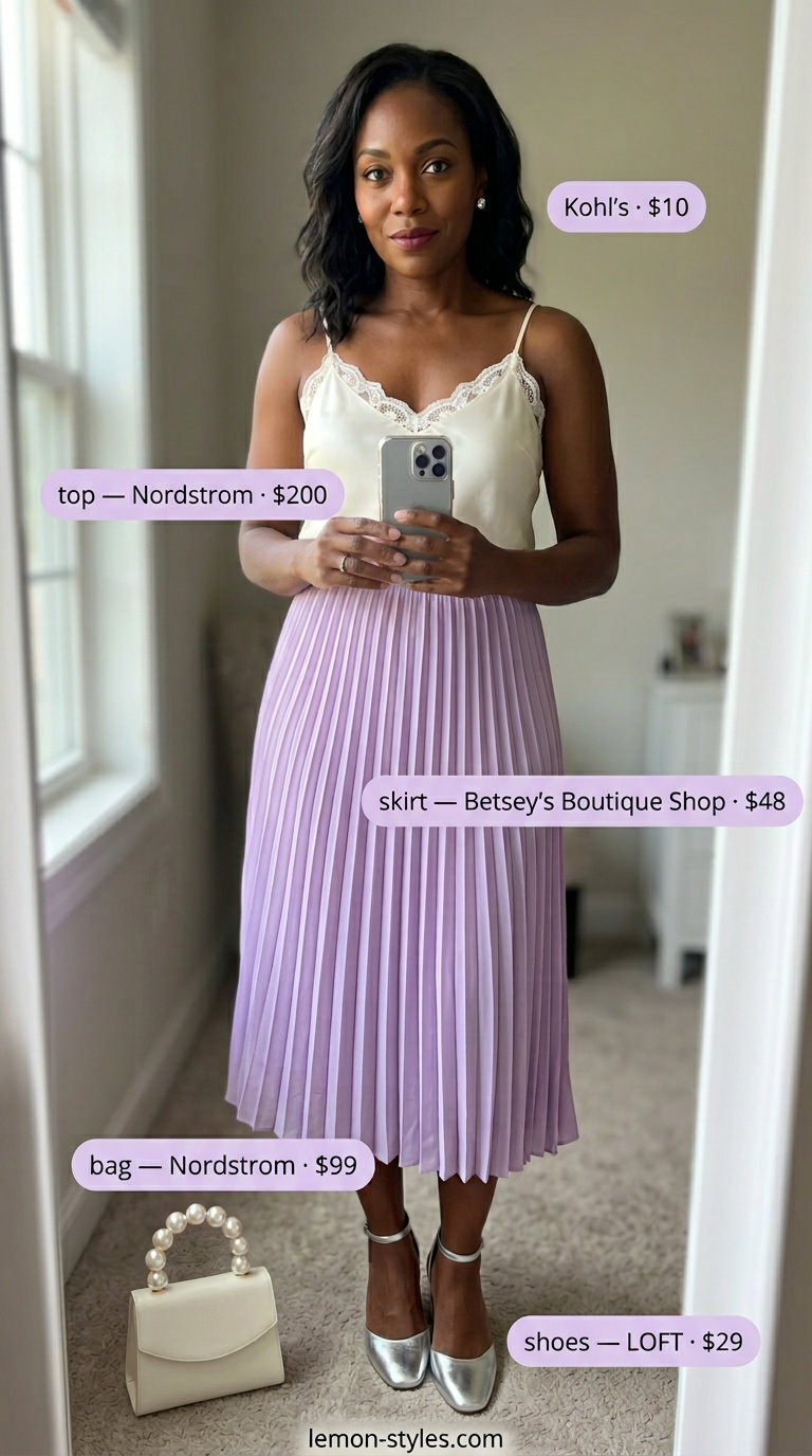 Summer outfits black woman 2026: Lavender midi skirt, ivory camisole, silver sandals for garden party.