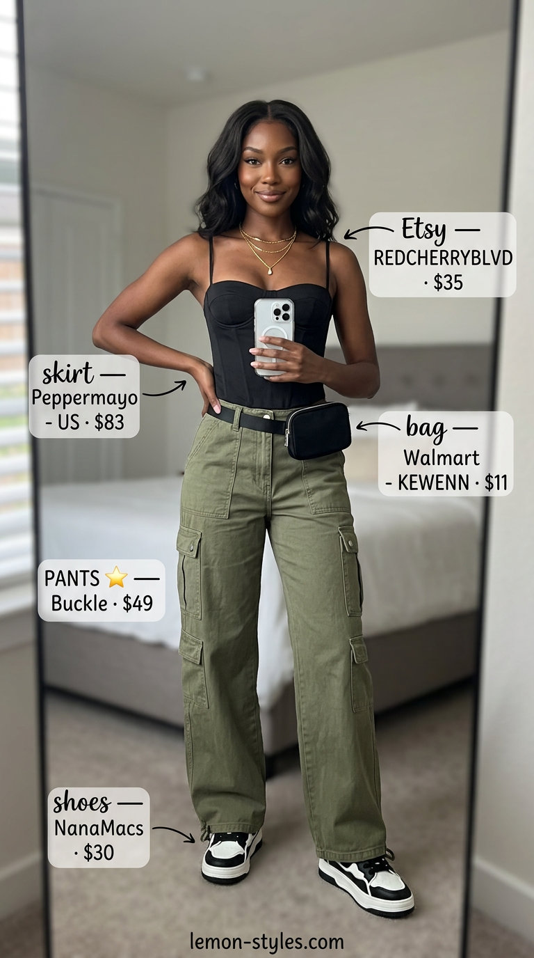 Summer outfits black woman 2026: Olive cargo pants, corset top, platform sneakers for edgy street style.