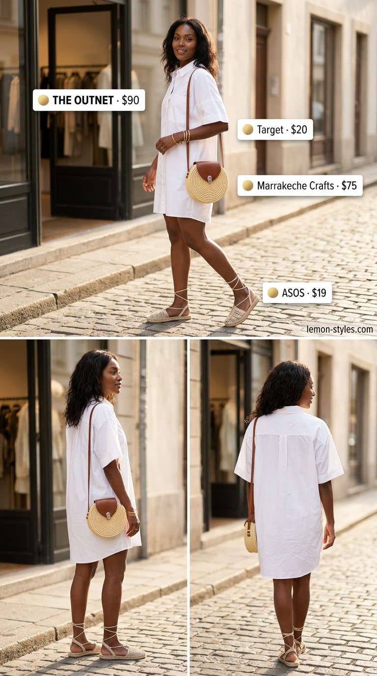 Summer outfits black woman 2026: White oversized mini shirt dress, tan espadrilles, straw crossbody bag for Riviera chic.