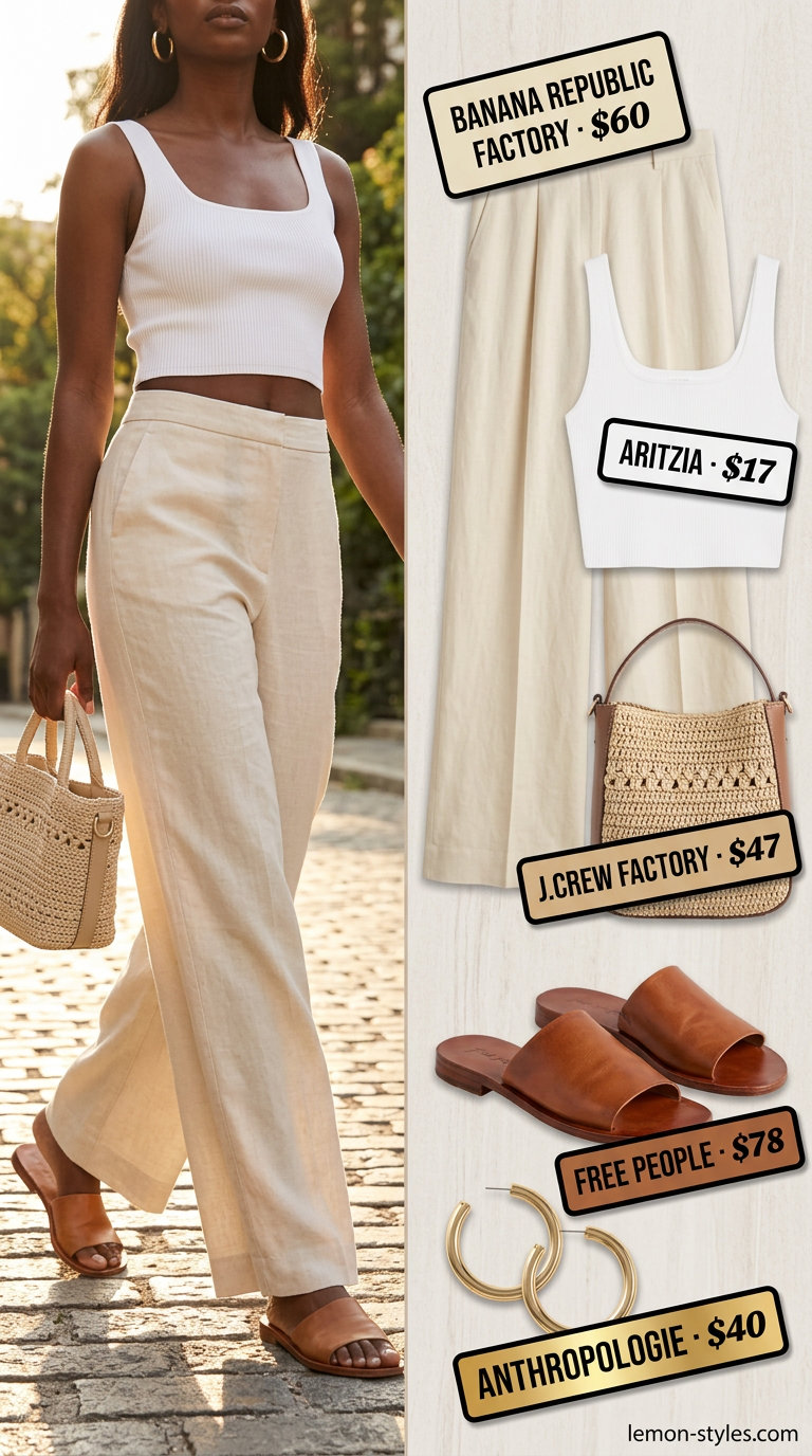 Khaki linen pants, ivory crop top, and leopard flats for summer outfits black woman 2026, safari chic.