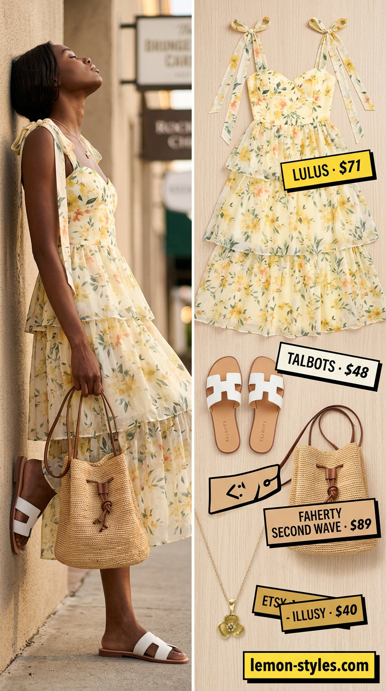 Summer outfits black woman 2026: Yellow floral midi dress, white slides, gold necklace for a picnic.