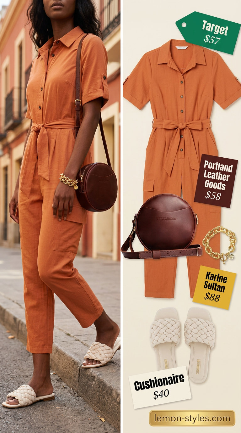 Terracotta utility jumpsuit with gold bracelet and cream sandals for summer outfits black woman 2026.