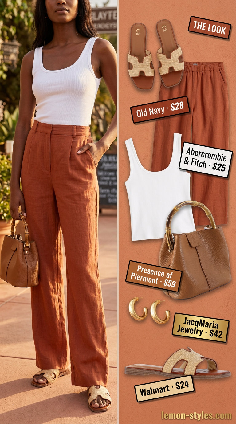 Summer outfits black woman 2026: Terracotta wide-leg trousers, cream tank, raffia slides for resort dinner.