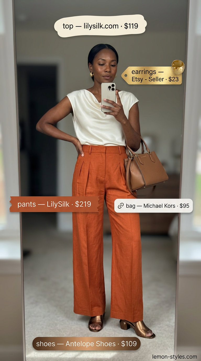 Summer outfits black woman 2026: Terracotta linen trousers, ivory silk blouse, bronze mules for upscale brunch.