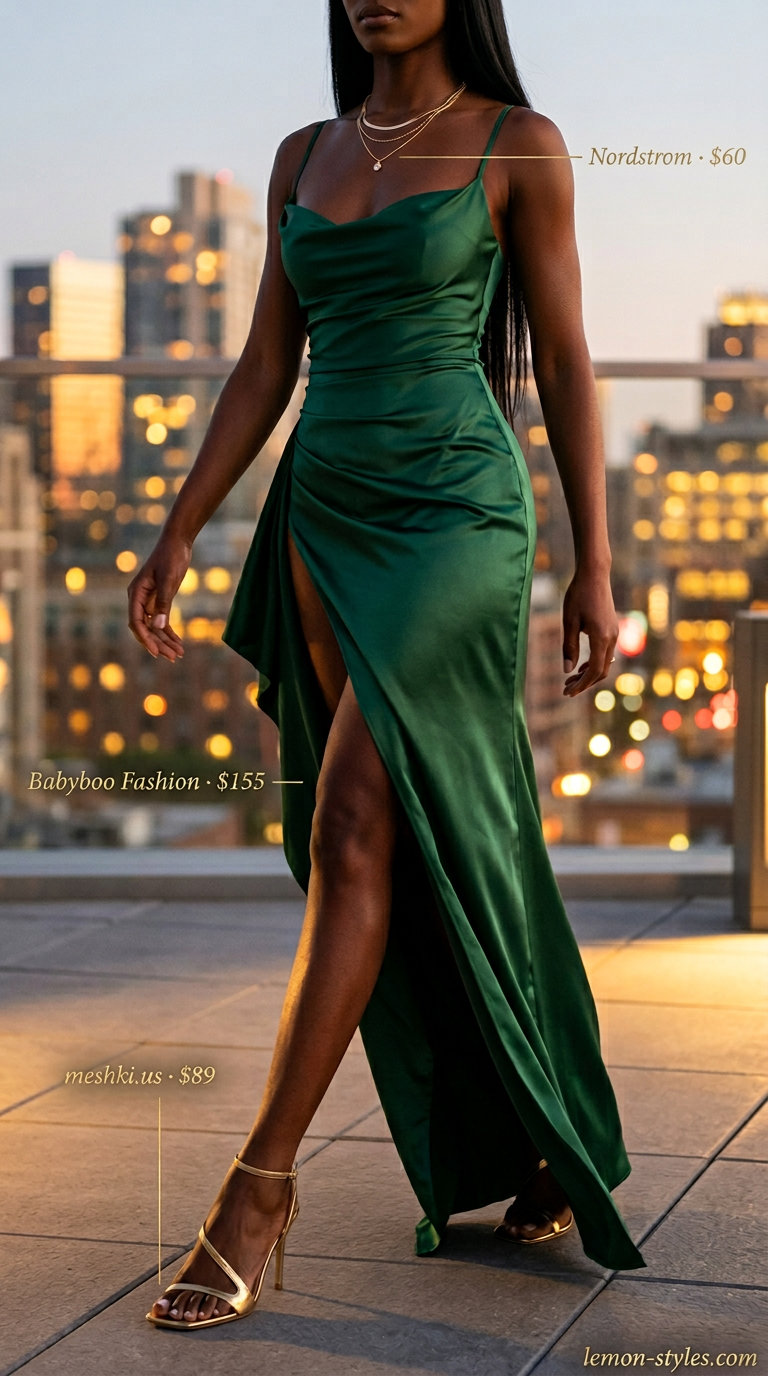 Emerald green satin maxi dress with gold jewelry and bronze heels for summer outfits black woman 2026.