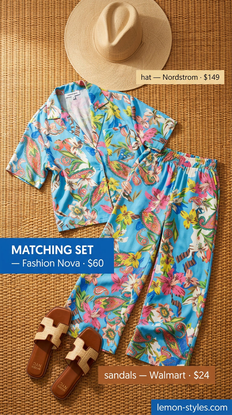 Summer outfits black woman 2026: Tropical print linen set, straw tote, beige slides for vacation.