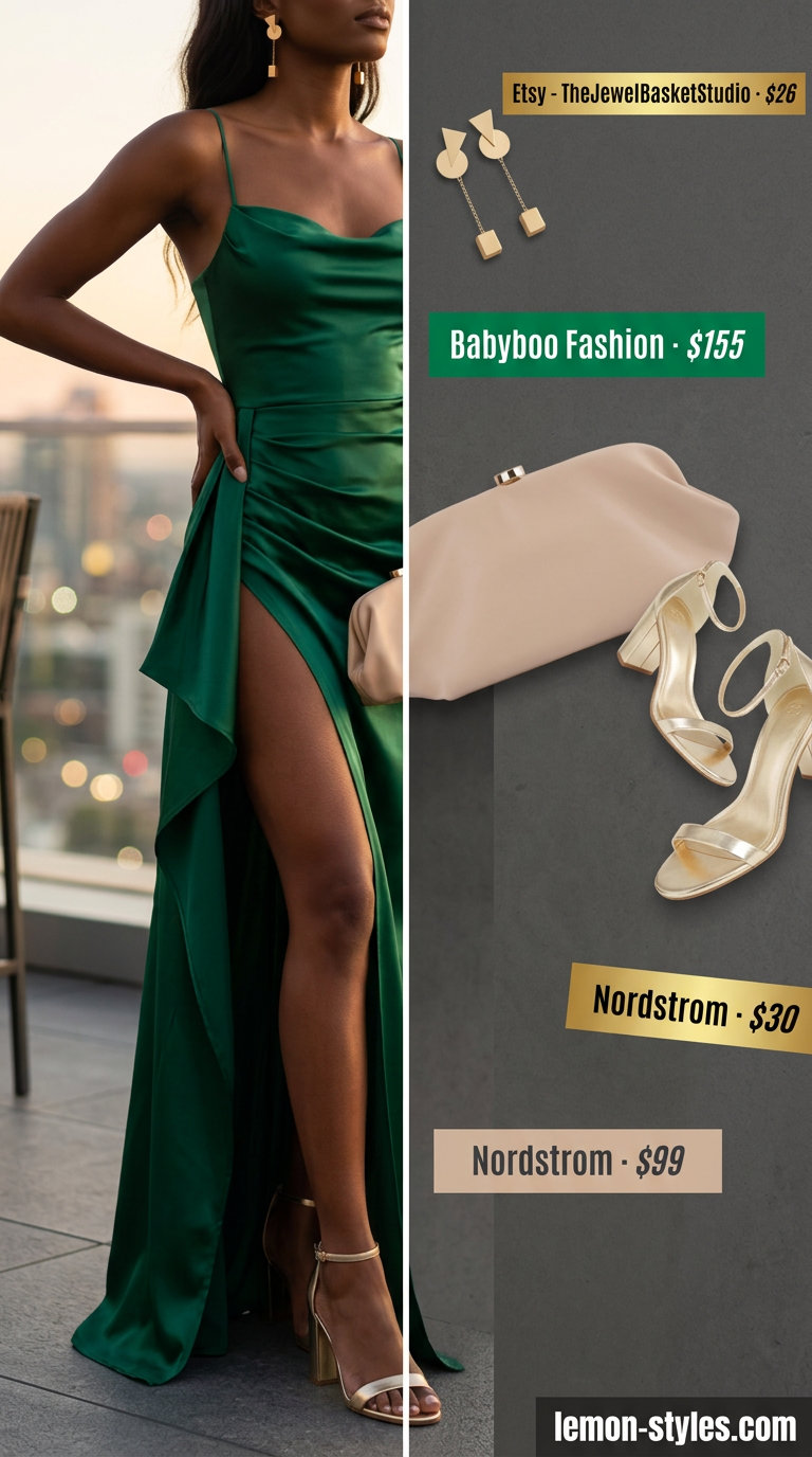 Summer outfits black woman 2026: Emerald green satin slip dress, gold sandals for a rooftop party.