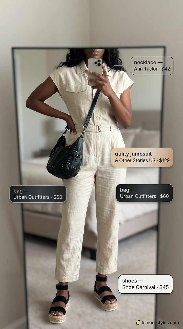 Summer outfits black woman 2026: Khaki utility jumpsuit, black platform sandals for urban exploration.