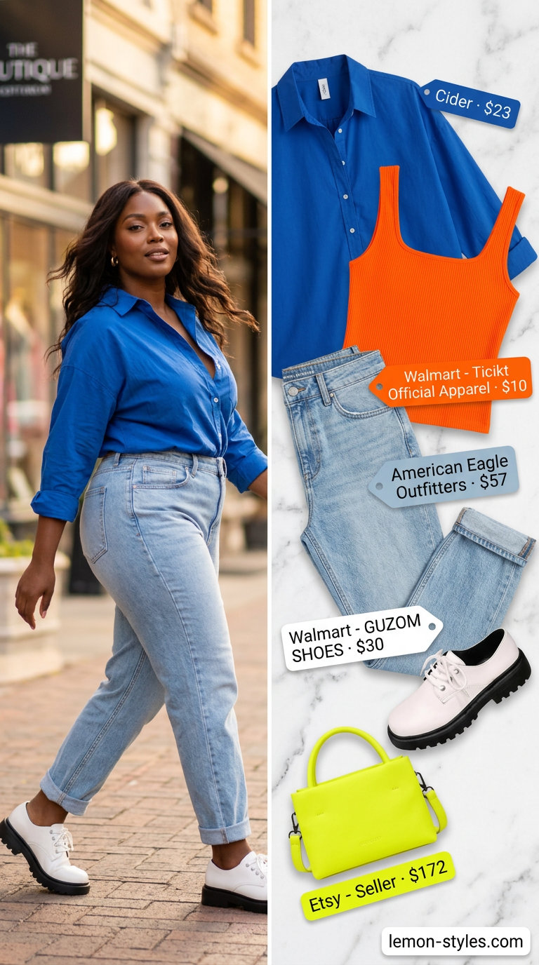 Summer outfits black woman 2026: Royal blue shirt, yellow bag, high-waisted jeans for street style.