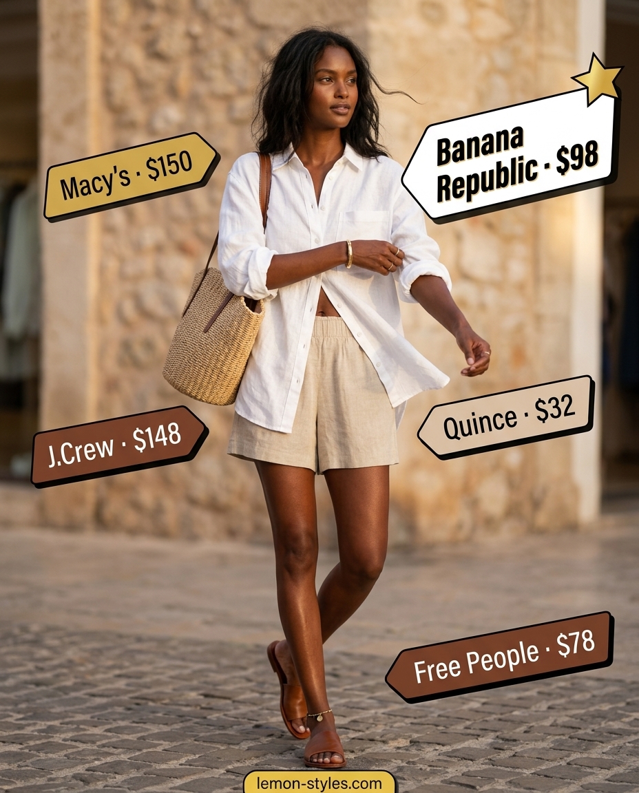 Beige linen shorts outfit for hourglass shape 2026. Oversized white shirt, leather slides, straw tote, and gold bangle for relaxed weekend.