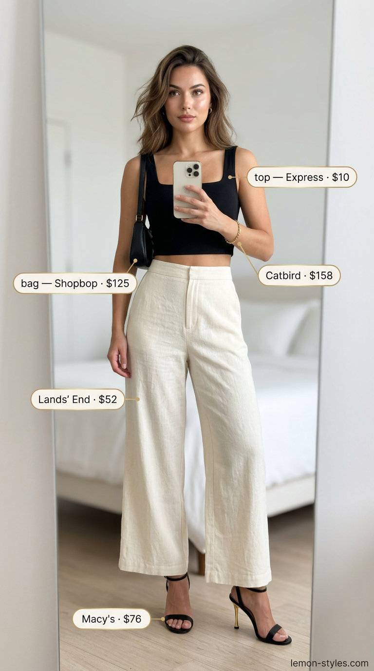 Cream wide-leg pants outfit for hourglass shape 2026. Black crop top, black heels, shoulder bag, and gold bracelet for elegant evening.