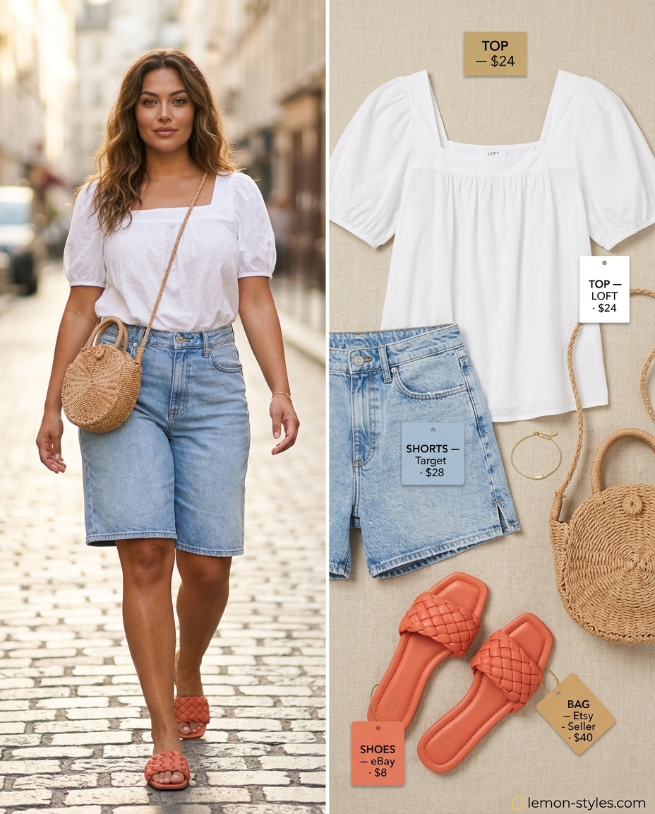 Light wash denim shorts outfit for hourglass shape 2026. Puff-sleeve blouse, coral sandals, straw bag, and gold bracelet for playful chic.