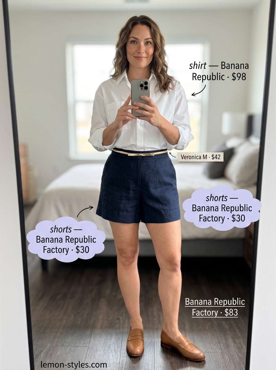 Navy blue chino shorts outfit for hourglass shape 2026. Features white shirt, loafers, tan crossbody, and gold belt for smart casual.
