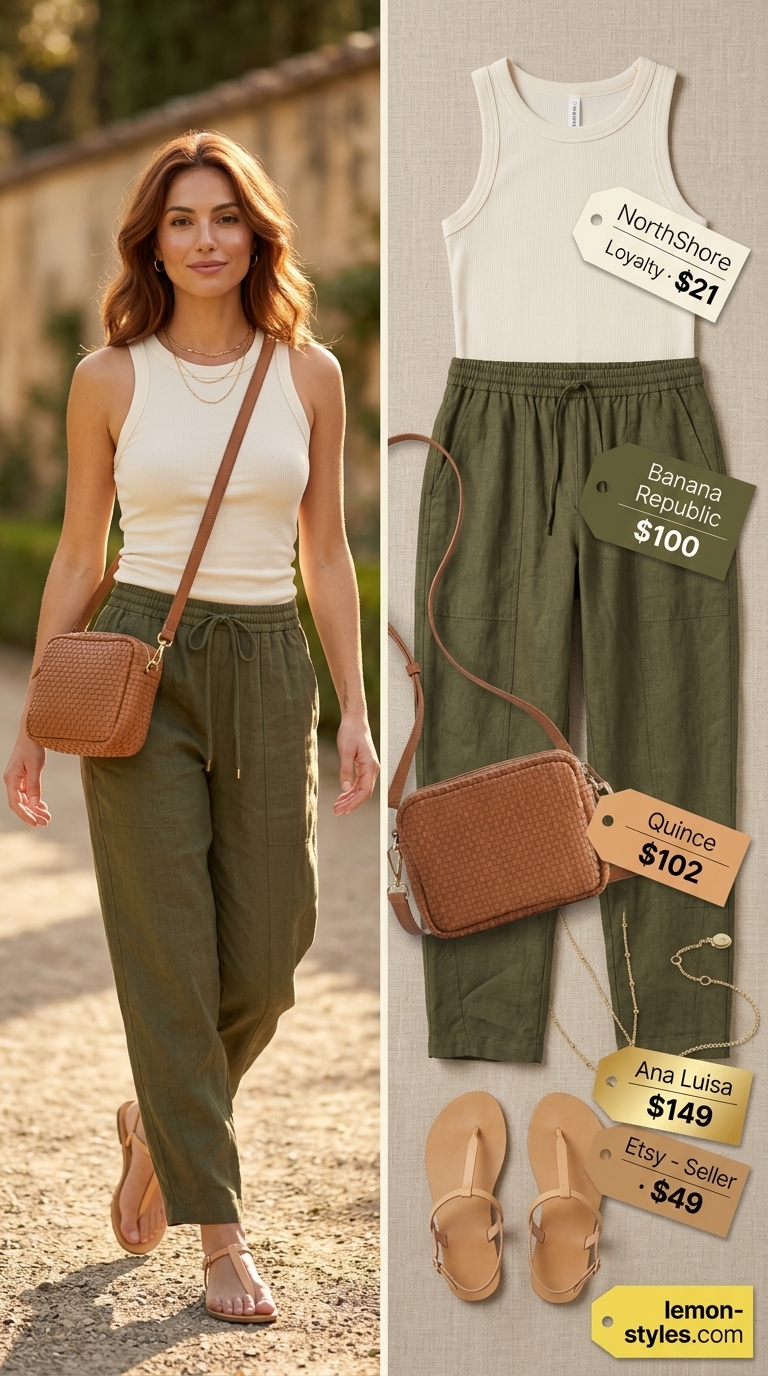 Olive green linen pants outfit for hourglass shape 2026. Includes cream top, tan sandals, gold necklaces, and structured crossbody for casual chic.
