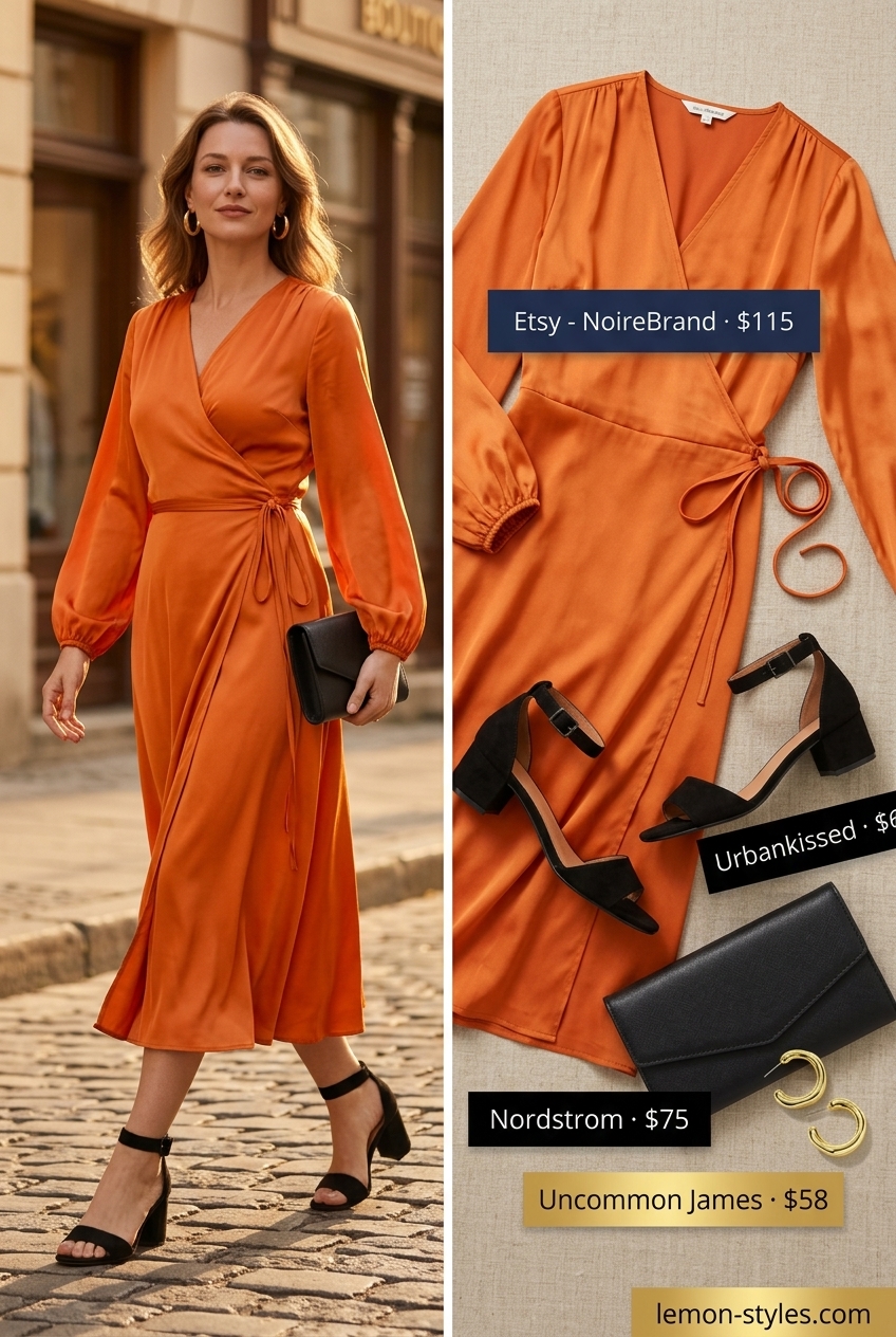 Mango orange wrap dress outfit for hourglass shape 2026. Features black heels, clutch, and gold hoops for a vibrant summer event.