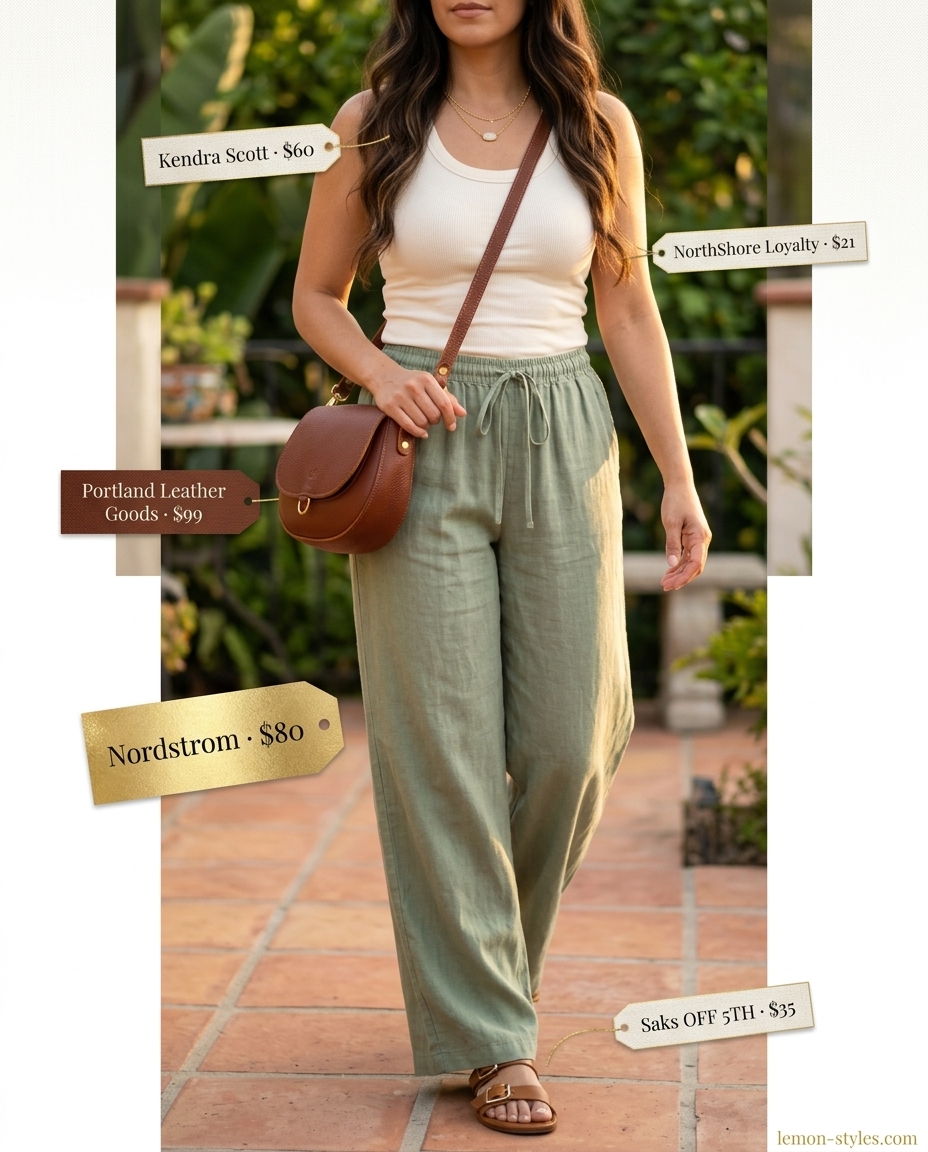 Sage green linen pants outfit for hourglass shape 2026. Features cream tank, tan sandals, and gold necklaces for a chic summer evening.