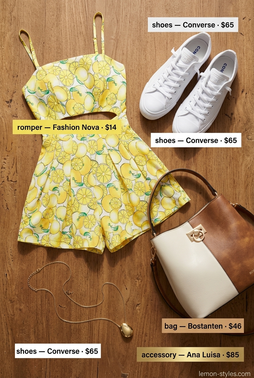 Yellow abstract print romper outfit for hourglass shape 2026. White sneakers, tan crossbody, and gold necklace for a playful day out.