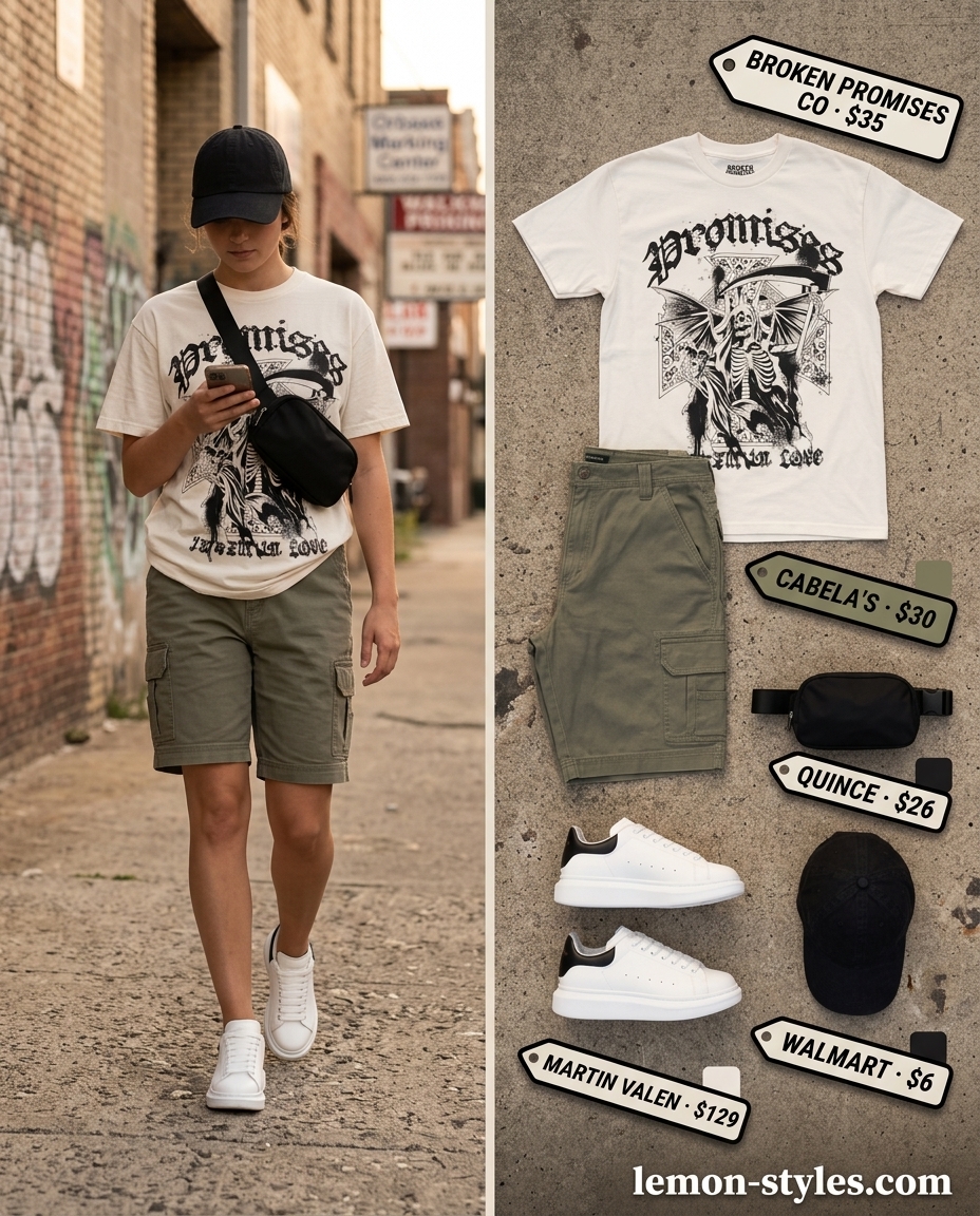 Summer outfits for women with blonde hair 2026: Olive cargo shorts, graphic tee, crossbody bag & chunky sneakers for city exploration.