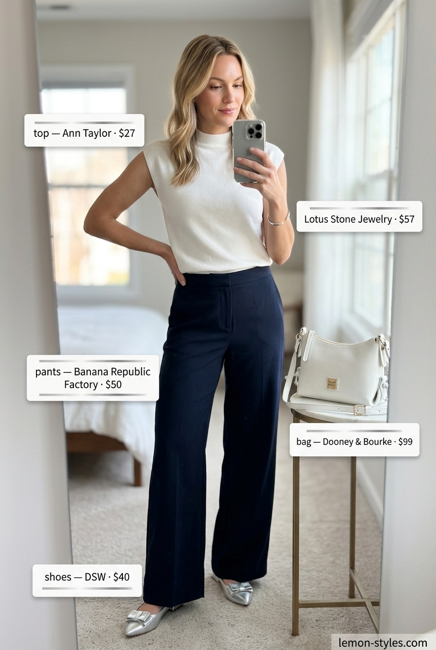 Summer outfits for women with blonde hair 2026: Navy wide-leg pants, white mock neck top, silver bracelet & loafers for smart casual.