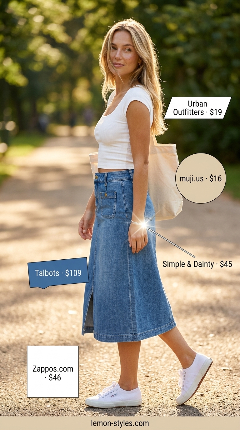 Summer outfits for women with blonde hair 2026: Denim midi skirt, white crop top, canvas tote & sneakers for casual weekend style.