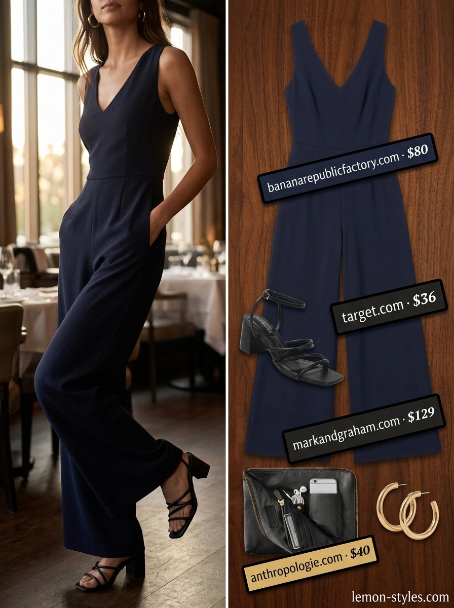 Summer outfits for women with blonde hair 2026: Navy wide-leg jumpsuit, gold earrings, black sandals & clutch for evening events.