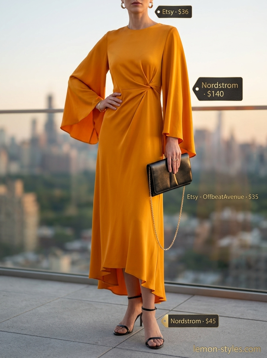 Summer outfits for women with blonde hair 2026: Mango orange satin wrap dress, gold hoops, black clutch & heels for date night.