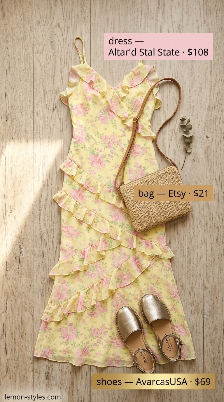 Multicolor abstract print maxi dress with gold espadrilles and straw bag. Summer outfits for women with blonde hair 2026.